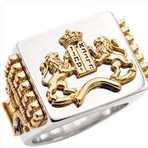 925 Silver 9k Gold Men's Ring: Lion of Judah, Ten Commandments