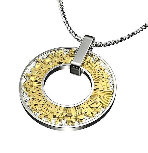 925 Silver & 9K Gold Jerusalem Pendant Holy Land Jewlery