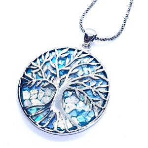 Big 925 Silver Tree of Life Roman Glass Pendant Necklace, Silver Tree of Life Necklace