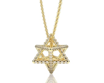 18k Gold Merkaba Star of David Pendant With Diamonds,Jewish MysticismJewelry,Gold Star Of David Pendant