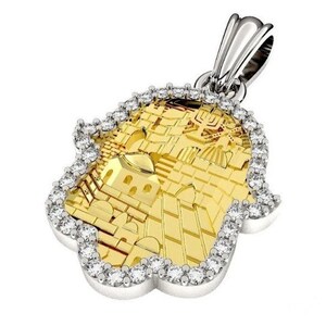 14k Gold Jerusalem Hamsa Pendant Set with Diamonds ,Jewish Pendant ,Gold Hamsa Pendant