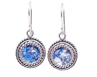 Round 925 Sterling Silver  Roman Glass filigree  Earrings