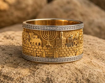 14K Gold Jerusalem Ring, Diamond Skyline Wedding Band, Menorah Jewish Jewelry