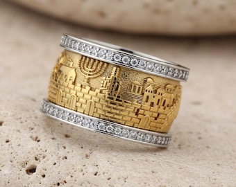 14K Gold Jerusalem Mens Ring with Diamonds