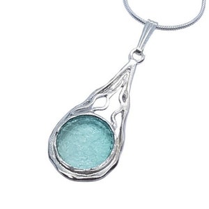 925 Sterling Silver Roman Glass  Pendant , Tear Drop Necklace