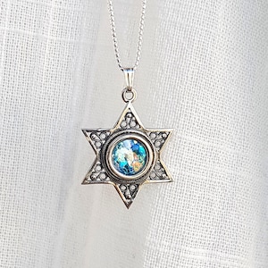 925 Silver Star of David Roman Glass Pendant Necklace