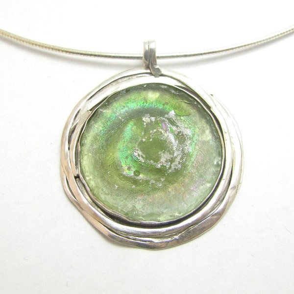 Sale 10% Refund Stunning Hand Made One Of A Kind Green  Roman Glass 925 Silver Pendant Necklace