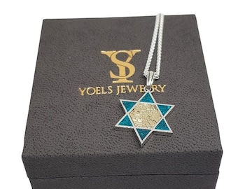 925 Silver 14k Gold Jerusalem Star of David Pendant,Eilat Stone Necklace,Jewish Pendant,Israel Judaica Jewelry,Magen David with Eilat stone