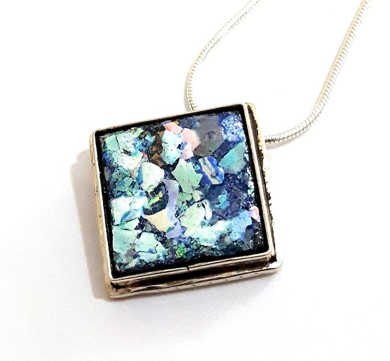 Sqaure 925 Sterling Silver Roman Glass Pendant Necklace
