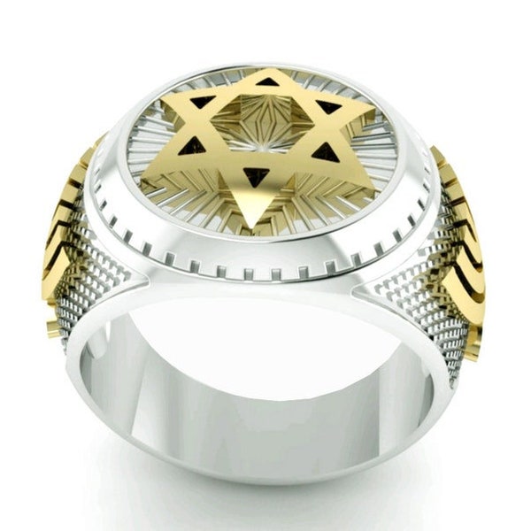 925 Silver and Gold Star of David Ring with Menorah Motif, Ideal Men's Jewelry,Men's Ring