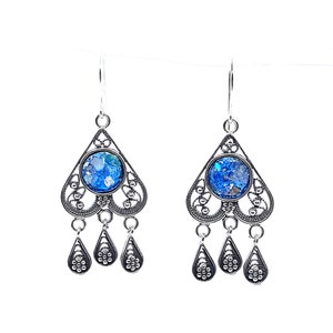 925 Sterling Silver Yemenite  Filigree Work Roman Glass Earrings ,Roman Glass  Earrings