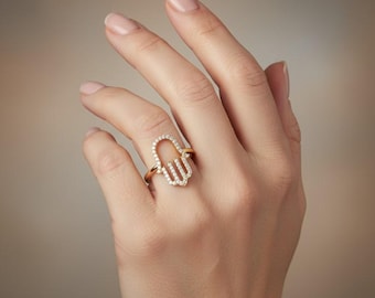 Anillo Hamsa de oro macizo de 14 k: protección con diamantes de laboratorio