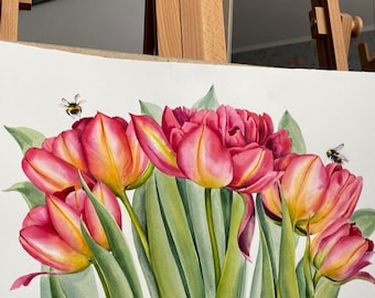 Arte de tulipanes. Pintura de tulipanes en acuarela pintada a mano. Arte floral para pared.