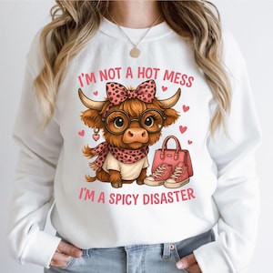 I&#39;m Not A Hot Mess I&#39;m A Spicy Disaster Highland Cow PNG, Funny Western Sublimation Design, Cheeky Cow with Leopard Bow Design, Digital File