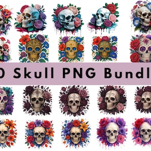 20 Skull Clipart Bundle, Flower-Adorned Skull Illustrations, Floral Skulls Designs, Funny skeleton bundle PNG, Sarcastic bundle Design