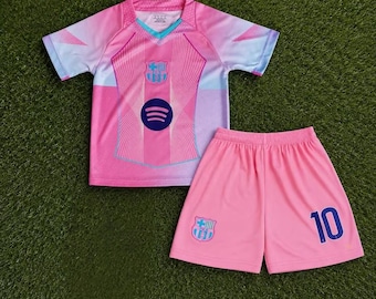Children's Pink Football Kit FC Barcelona N10 – 2-Piece Pink Lamine Yamal Jersey – Sizes 16 to 28