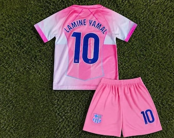 Ensemble Football Enfant FC Barcelona N10 – Maillot Lamine Yamal Rose & Bleu Clair – Short