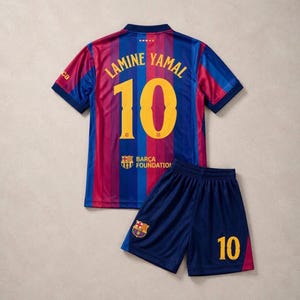 Op de afbeelding: Een FC Barcelona voetbalshirt en short set met verticale blauwe en rode strepen. Het shirt toont de naam LAMINE YAMAL en het nummer 10 in het geel, met de tekst BARÇA FOUNDATION. De short is blauw en voorzien van het nummer 10.