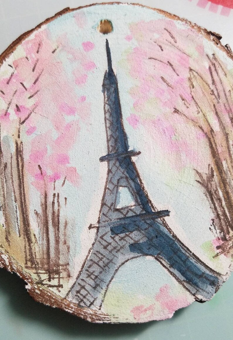 je t'adore Eiffel Tower Original Mixed Media Wood Slice Painting Ornament image 4