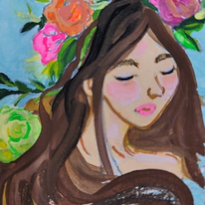 3x2 Hand Painted Tin Box  Original Art of Brown Haired Woman with Roses, Floral Fantasy Trinket Box, Keepsake Gift Container