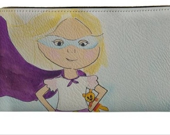 I am Your Superhero 8x4 Wallet Clutch Purse with zipper closure, inside attached zippered change purse, cash and check slots and card slots.
