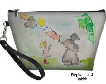 Elephant and Rabbit Don't Worry, I'll Catch you Wristlet 8.5x5.5 with zipper closure and detachable strap.Handbag,Clutch,Makeup bag, Art Bag