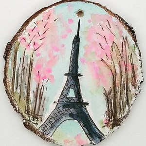 je t'adore Eiffel Tower Original Mixed Media Wood Slice Painting Ornament image 1