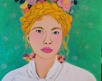 12x16 Brooke, Frida Style Girl with Green Background Wearing Flower Crown, Original Mixed Media Painting on cradled wood panel