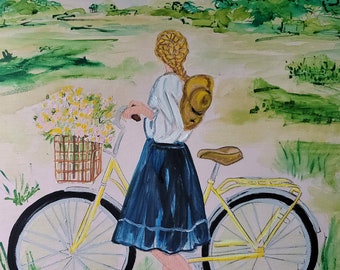 12x16 Anne or Girl with Bicycle, Original Mixed Media Painting on cradled wood panel