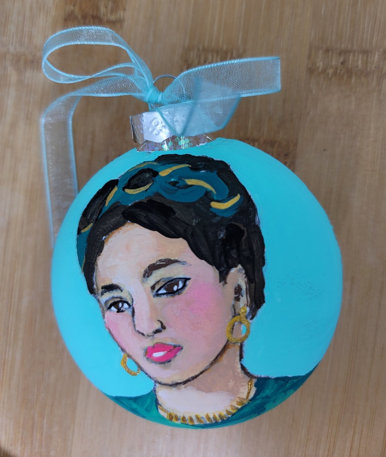 Frida Kahlo Inspired Hand Painted Glass Christmas Ornament – Turquoise ...