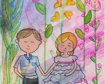 5x3.5 Holding Hands with Daddy, Original Mixed Media Watercolor Painting