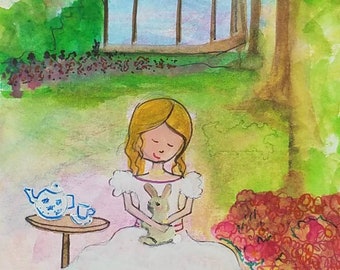 5x4.5 Tea in the Garden with Bunny Original mixed media watercolor painting
