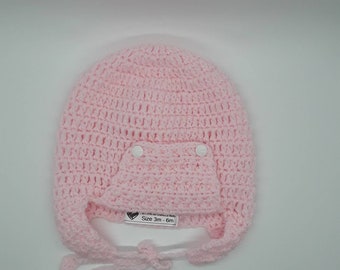 Pink Aviator Hat, size 6m-m and 9-12 months. Crocheted by Grandma Betty