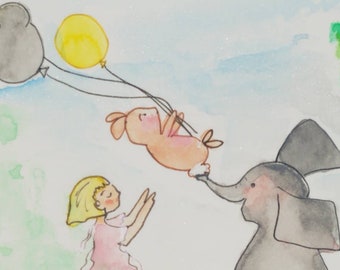 6x4.5 Don't Worry, I'll Catch You Original Watercolor Painting; Elephant,Rabbit and Lucy play with Balloons.