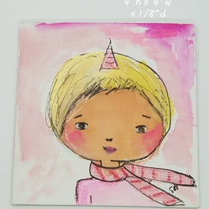 4x4 Winter Unicorn Girl Original Mixed Media Wood Panel Painting, Whimsical Fantasy Art, Unique Gift, Small Ornament Wall Décor