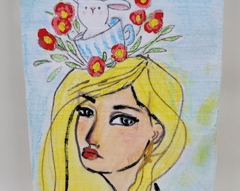 4x6 Bunny in a Blue Teacup, Woman Art Print ,Woman Portrait, Portrait Woman Art, Woman Artwork, Woman Painting, Woman Wall Art, Original Art