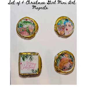 Mini-Kunstmagnet-Set mit 4 Weihnachts-Originalgemälden, mit Wachs versiegelt, starker 3-Meter-Rücken, geschenkfertig, für Kühlschrank oder Büro