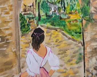 9x12 Young Woman Walking in Provence, Original Mixed Media Painting on cradled wood panel