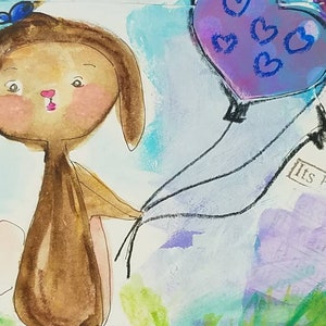 6x8 Original Mixed Media Watercolor & Acrylic Painting – Sweet Bun with Balloons – Whimsical Bunny Art, Nursery Wall Décor