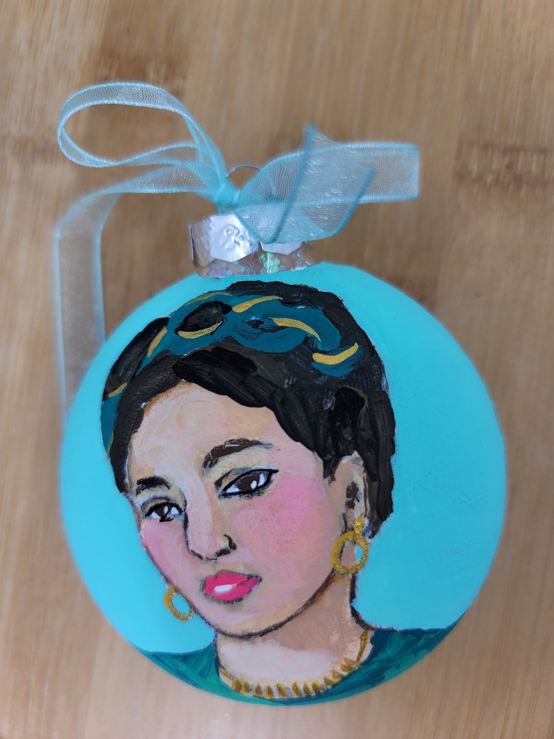 Frida Kahlo Inspired Hand Painted Glass Christmas Ornament – Turquoise ...