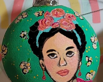 Frida Kahlo Inspired Painted Glass Christmas Ornament.