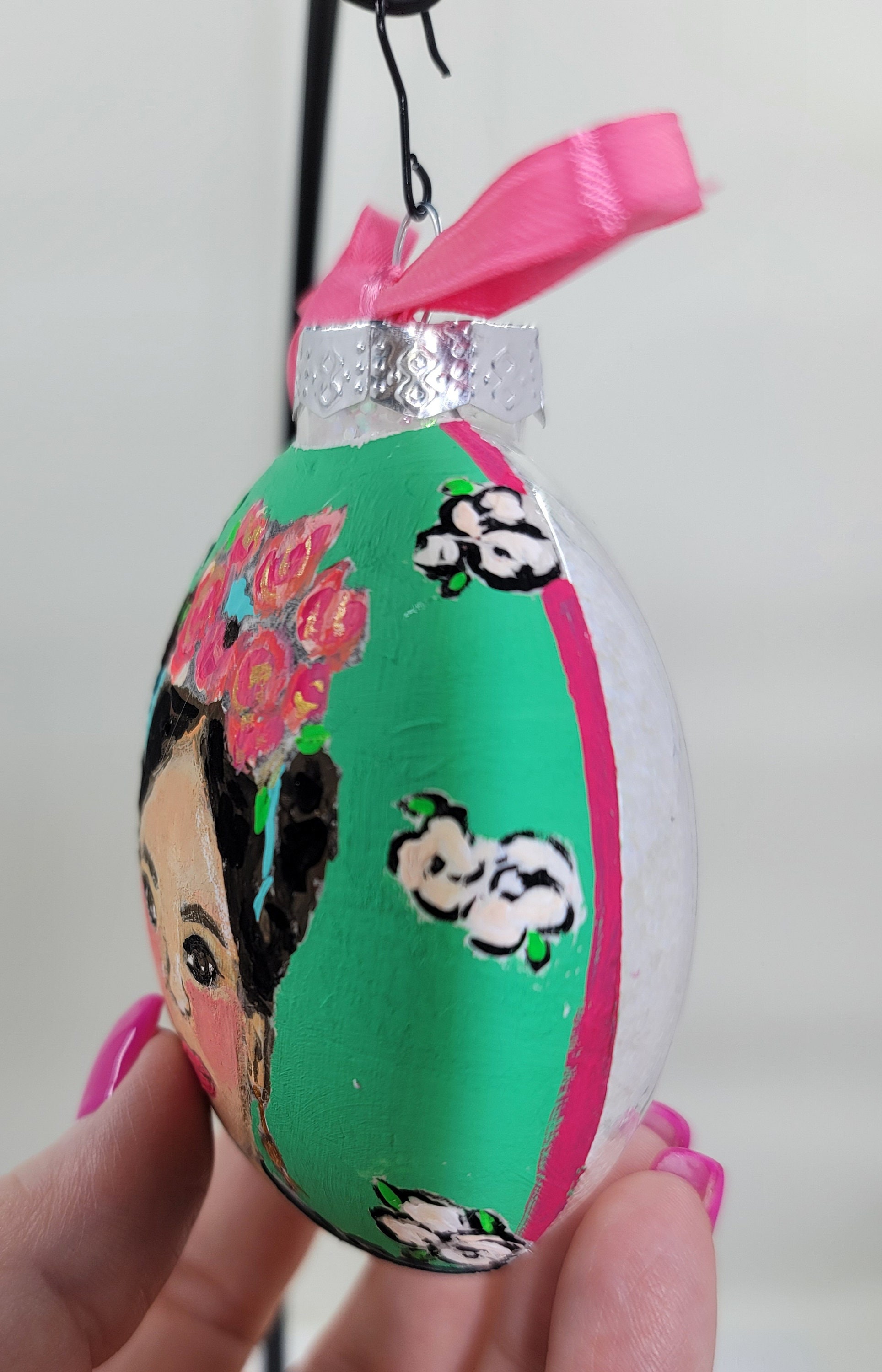 Frida Kahlo Inspired Hand-painted Glass Christmas Ornament, Green ...
