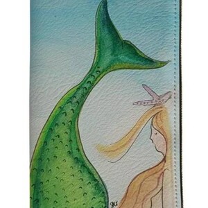 Cartera de 8x4 con pinza para el pelo de sirena durmiente y estrella de mar con cierre de cremallera, monedero interior con cremallera, ranuras para efectivo y cheques y ranuras para tarjetas