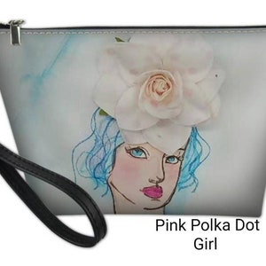 Muñequera Niña Lunares Rosa, Fondo Azul, 8.5x5.5 con cierre de cremallera y correa desmontable. Bolso, bolso de mano, bolsa de maquillaje, neceser