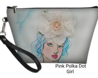Pink Polka Dot Girl Wristlet, Blue Background, 8.5x5.5 with zipper closure and detachable strap. Handbag,Clutch,Makeup bag, Toiletry Bag