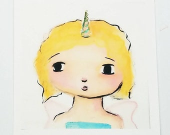 4x4 Fine Art Giclee Print of Original Mixed Media Uni-Fairy on Somerset Velvet Textured Paper
