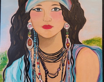 12x16 Gypsy Soul Roma Beauty Traveler Hippy Girl Original Mixed Media Painting on cradled wood panel
