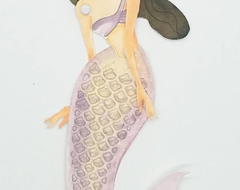 Articulated Mermaid Art Paper Doll, original Mixedmedia paper doll.