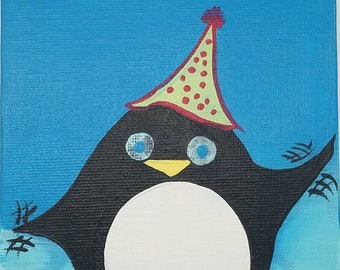 Willie the Flying Penguin, "I believe I can Fly" , 5x7 Canvas Board