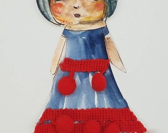 4x6 Art Paper Doll, Frida, original Mixedmedia art. Suitable for gifting, framing, use as bookmark or very gentle pla